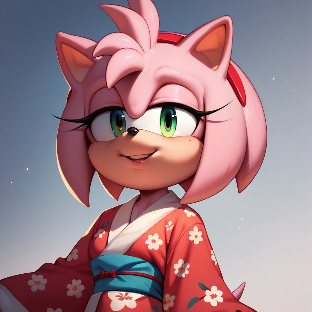 score_9, score_8_up, score_7_up, score_6_up, 1girl, solo, amy rose, Rags, pajama, robes, kimono, sash, animal nose, hedgehog nose, hedgehog ears, pink fur