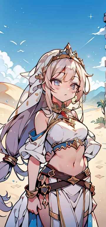 ((kinako (shiratama mochi) style)), colorful eyes, soft style, masterpiece, solo, 1 girl, topless, large nipples, nipples, white sarong, harem outfit, semi transparent skirt, beautiful art, vibrant, flat chests, desert, tent, platinum blonde hair, dancing, different poses, narrow waist, slender legs, hairband, jewely, necklace, bracelet, white mouth veil, veil, headdress, navel, thigh strap, abstract, night, moonlight, light hair, waist pouch, blue eyes, high angle shot, top view, black eyeliner, sparkling, winking, side view, arched back, flexible body, serene face, soft eyes, relaxed, calm, smiling, bonfire, enchanted, thin, ribcage, carpet