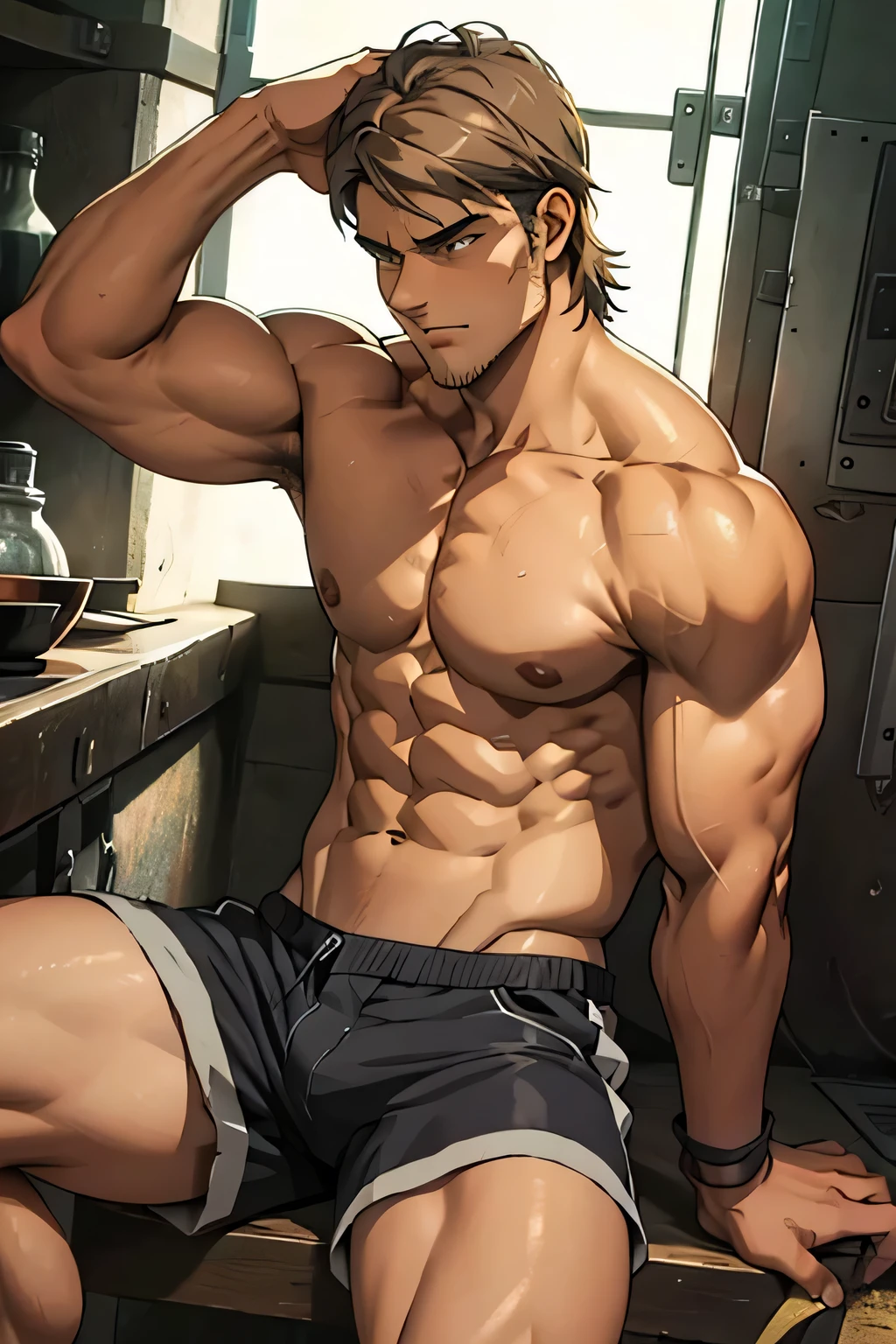 Jean is sitting and flexing his buff biceps and thighs. He wears black short boxershorts. You can see his thighs. He is shirtless. He is showing his abs too. He is admiring his arms.