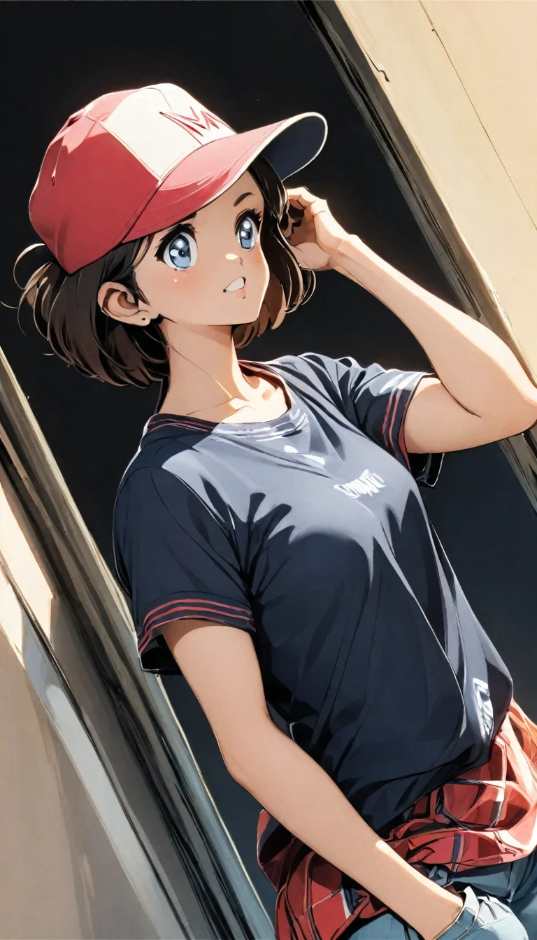 A girl with short hair wearing a baseball cap backwards、boyish、Spiky Hair、Fluttering Hair、fine、bright、stylish、Casual clothing、Casual Background、Cool angle、
