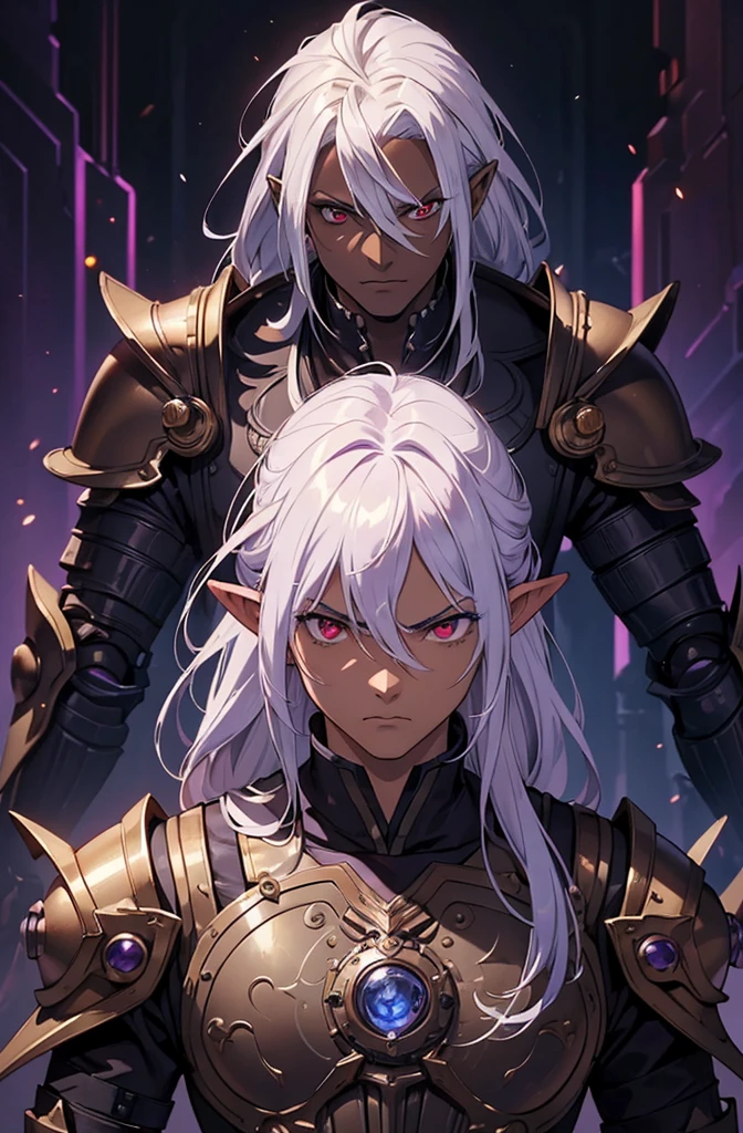 masterpiece, best quality, ultra high res, dark theme, 1boy, (dungeonpunk armor), (mechanical steampunk armor), (wearing armor), fantasy illustration, dark skinned, human, upper body, portrait, red eyes, long white hair, half-drow, pointy ears, serious face, young man, dramatic lighting, purple hue, art by Kinema Citrus