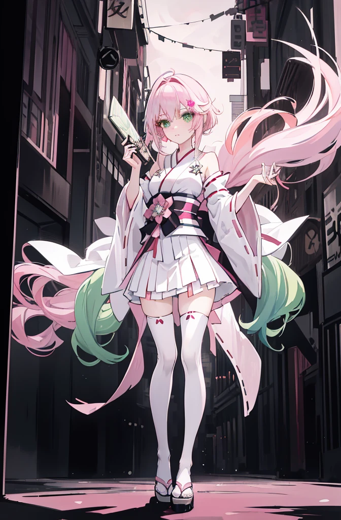 ((A pink-haired)),The hair was long,green eyes,Very long dull hairs,dark city background,white kimono costume,White miko stockings,white mini skirt, night,standing,pink hair,pink hair,