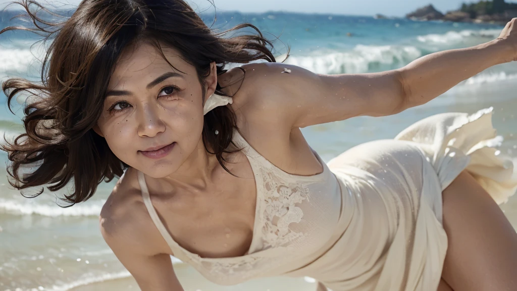 ((Highest quality)), ((8K)), ((masterpiece: 1.3)), (Perfect appearance), (Photorealism: 1.6), (一人のwomanが立っている), (A sandy beach lit by the dazzling morning sun), (The sea sparkling in the morning sun), (Calm sea without waves), (TI, JMA), (woman: 1.6), (Blurred Background: 1.8), (日本人woman1人: 1.6), 36 years old, ((Realistic skin texture)), (Fine wrinkles appear all over the skin: 0.8), (Dullness: 1.1), (Moisturized Skin: 1.2) , (Facial wrinkles: 0.9), (Wrinkles around the eyes: 1.2), double eyelid, Lower eyelid tear sulcus, Eyes on you, Serious expression, (Dimples: 1.2), Short bangs, (Short Wavy Hair: 1.2), (Messy Hair), (Hair blowing violently in the wind: 1.4), Laugh with the corners of your mouth turned up, Completely naked, (Armpit Hair), (Small breasts), (Saggy breasts), (Flaky, saggy breasts), (Rough and casual clothing), barefoot, (Focus on the upper body: 1.4),