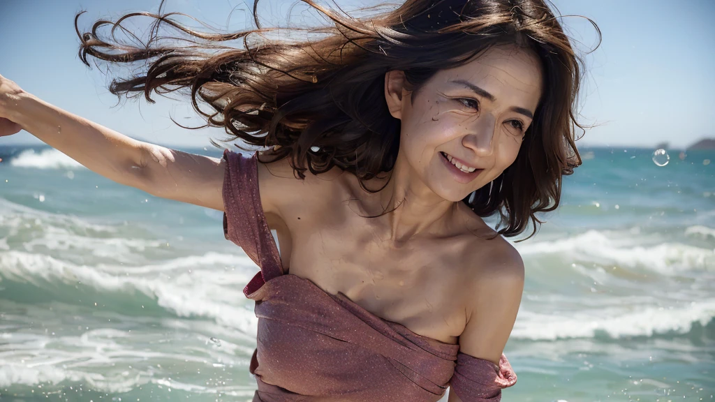 ((Highest quality)), ((8K)), ((masterpiece: 1.3)), (Perfect appearance), (Photorealism: 1.6), (一人のwomanが立っている), (A sandy beach lit by the dazzling morning sun), (The sea sparkling in the morning sun), (Calm sea without waves), (TI, JMA), (woman: 1.6), (Blurred Background: 1.8), (日本人woman1人: 1.6), 36 years old, ((Realistic skin texture)), (Fine wrinkles appear all over the skin: 0.8), (Dullness: 1.1), (Moisturized Skin: 1.2) , (Facial wrinkles: 0.9), (Wrinkles around the eyes: 1.2), double eyelid, Lower eyelid tear sulcus, Eyes on you, Serious expression, (Dimples: 1.2), Short bangs, (Short Wavy Hair: 1.2), (Messy Hair), (Hair blowing violently in the wind: 1.4), Laugh with the corners of your mouth turned up, Completely naked, (Armpit Hair), (Small breasts), (Saggy breasts), (Flaky, saggy breasts), (Rough and casual clothing), barefoot, (Focus on the upper body: 1.4),