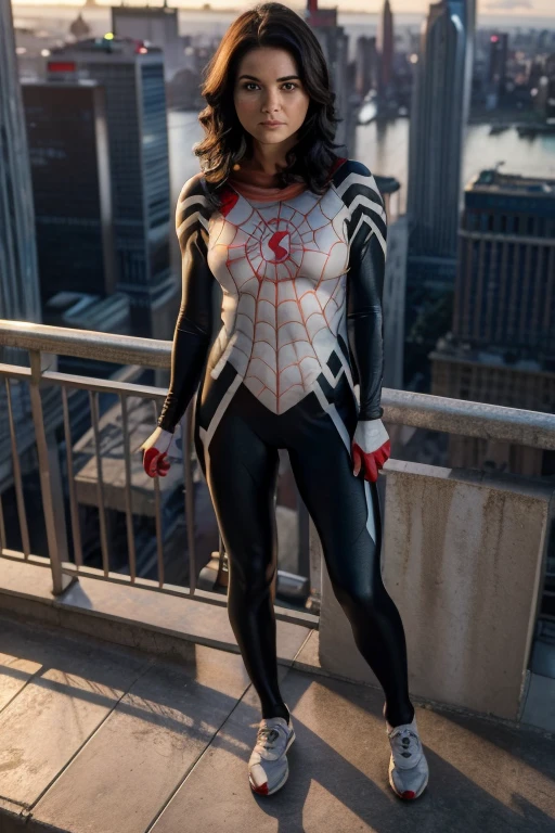 8k, best quality, (masterpiece:1.2), (realistic, photo-realistic:1.37), ultra-detailed, ((1girl)), innocent face, short wavy dark hair, wearing a spiderman outfit, standing on a ledge of a tall building, overlooking an evening skyline