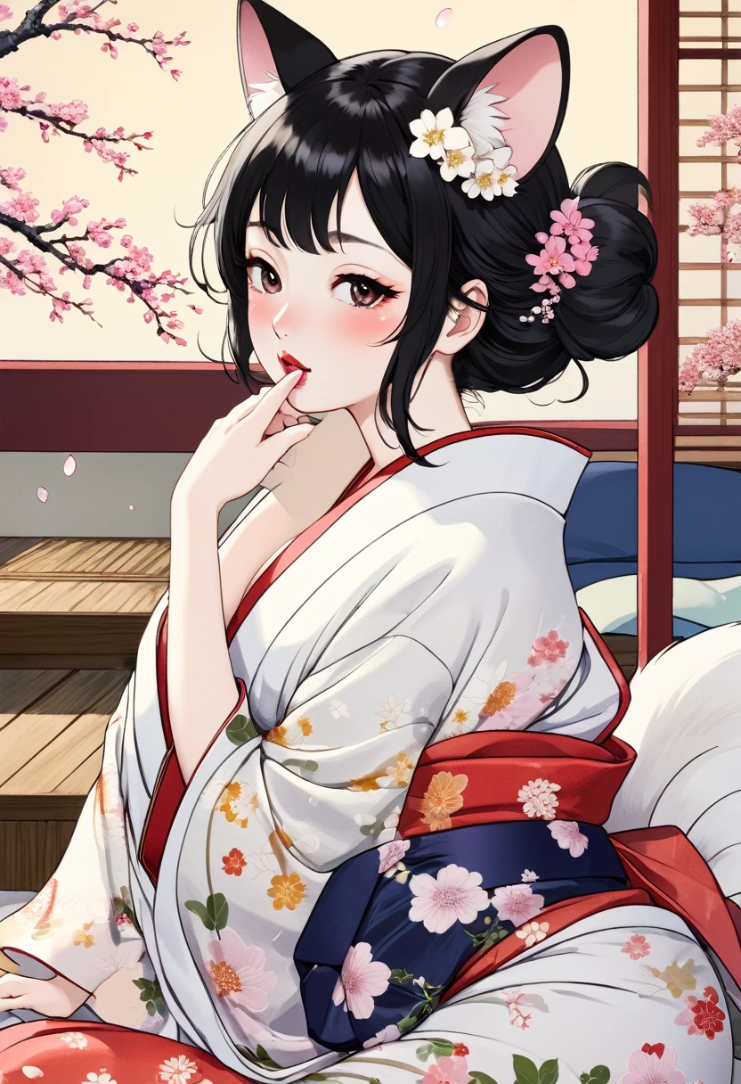 (utamaro style:1.2) , Hallucination, daydream , nightmare , Insane Dream , bokeh , erotica , romance , realistic mouse nymph and realistic cat , kimono , futon , Petals fluttering down , Single eyelids, round nose, swollen cheeks , glossy lips , Mount Fuji, Hawk, licking Eggplant , Collarbone