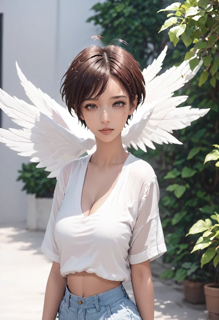 1girl, breasts, blush, short hair, shirt, 1boy, white background, shorts, solo focus, dark skin, holding hands, flying sweatdrops, spiked hair, genderswap, clothes writing, genderswap (mtf),red lips
