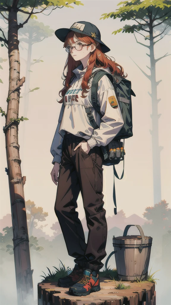 1 Girl、adventure、adventure者、Glasses、Bucket hat、brown、Trekking shoes、pants、rucksack、Mountaineering、Dense forest、Oil painting、Redhead、Long Hair、Fluffy hair、Natural Curl、freckles、quiet、Calm、whole body、Are standing、Gray background、Highest quality、masterpiece