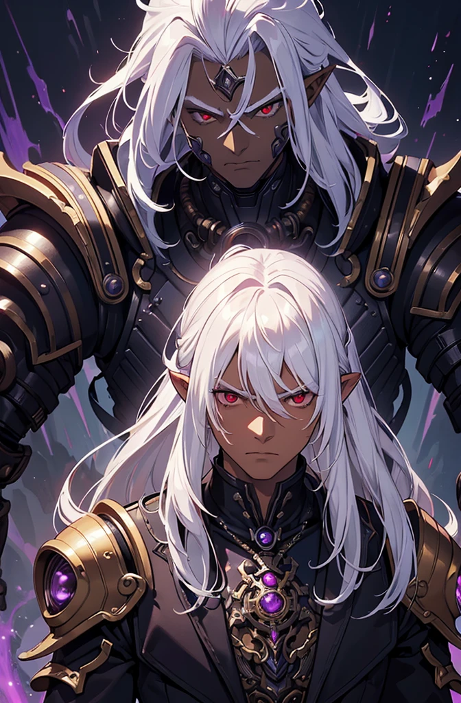 ((best quality)), ((masterpiece)), (detailed), ((boy)), ((mechanical armor)), (steampunk), (serious), dark skinned, human, upper body, portrait, red eyes, long white hair, Xemnas from Kingdom Hearts, half-drow, pointy ears, serious face, dramatic lighting, purple hue, art by Kinema Citrus
