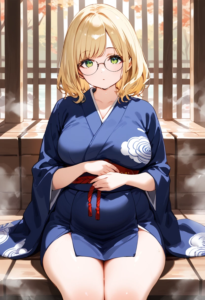 chubby girl, Blonde with green eyes, medium length hair, round facial features, glasses with black square frames 
Japanese style of clothing, ancient Japan, almost without clothes
water, sauna 