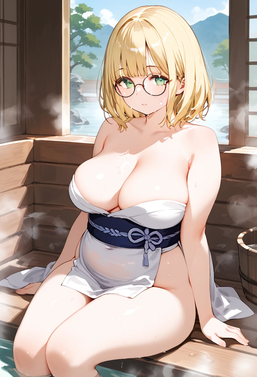 chubby girl, Blonde with green eyes, medium length hair, round facial features, glasses with black square frames
Japanese style of clothing, ancient Japan, almost without clothes
water, sauna