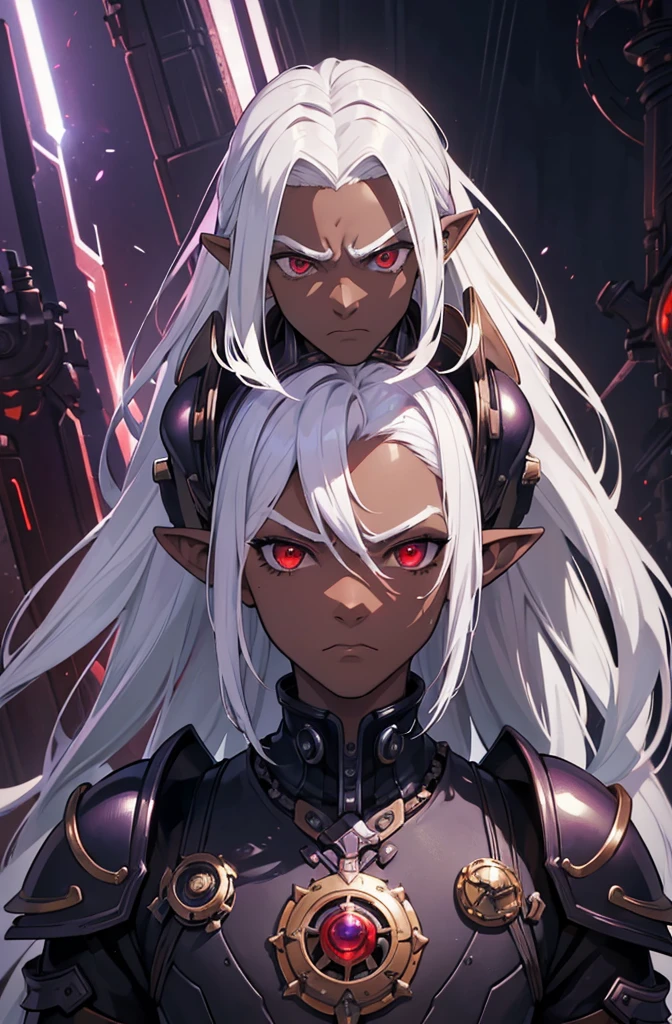 ((best quality)), ((masterpiece)), (detailed), ((boy)), ((mechanical armor)), (steampunk), (serious), dark skinned, human, upper body, portrait, red eyes, long white hair, Xemnas from Kingdom Hearts, half-drow, pointy ears, serious face, dramatic lighting, purple hue, art by Kinema Citrus