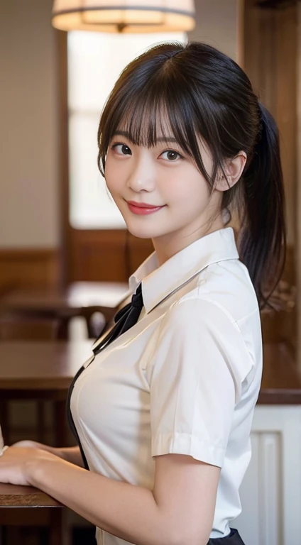 (highest quality,masterpiece:1.3,ultra high resolution,),(Super detailed,caustics),(Photoreal:1.4,RAW shooting,)ultra-realistic capture,very detailed,High resolution 16K human skin close-up。 natural skin texture、,The pores are、、、Must be detailed enough to be easily identified。 Skin should look even-toned and healthy。 Use natural light and color,restaurant,Waitress Uniform,1 girl,Japanese,18-year-old,cute,black haired,ponytail,big breasts,smile,turn your body forward,(Front view:1.1),look at the camera,cowboy shot,