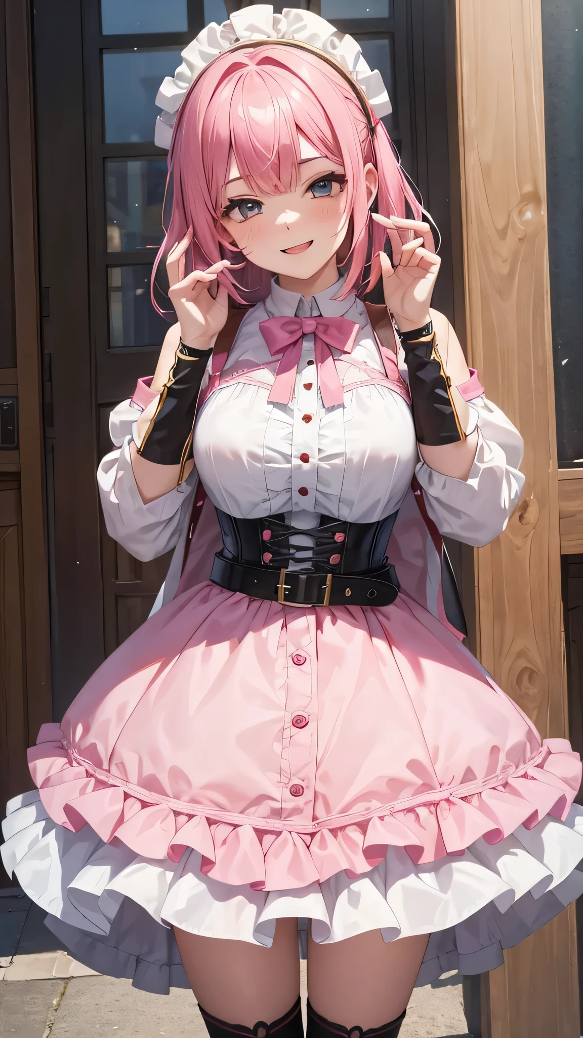 peace sign,(masterpiece, best quality), intricate details, 1girl, megumin, short hair, dress, red dress, hat, witch hat, belt indoors,ahg rolling eyes tongue((((blush)))),(cleatched teetch)