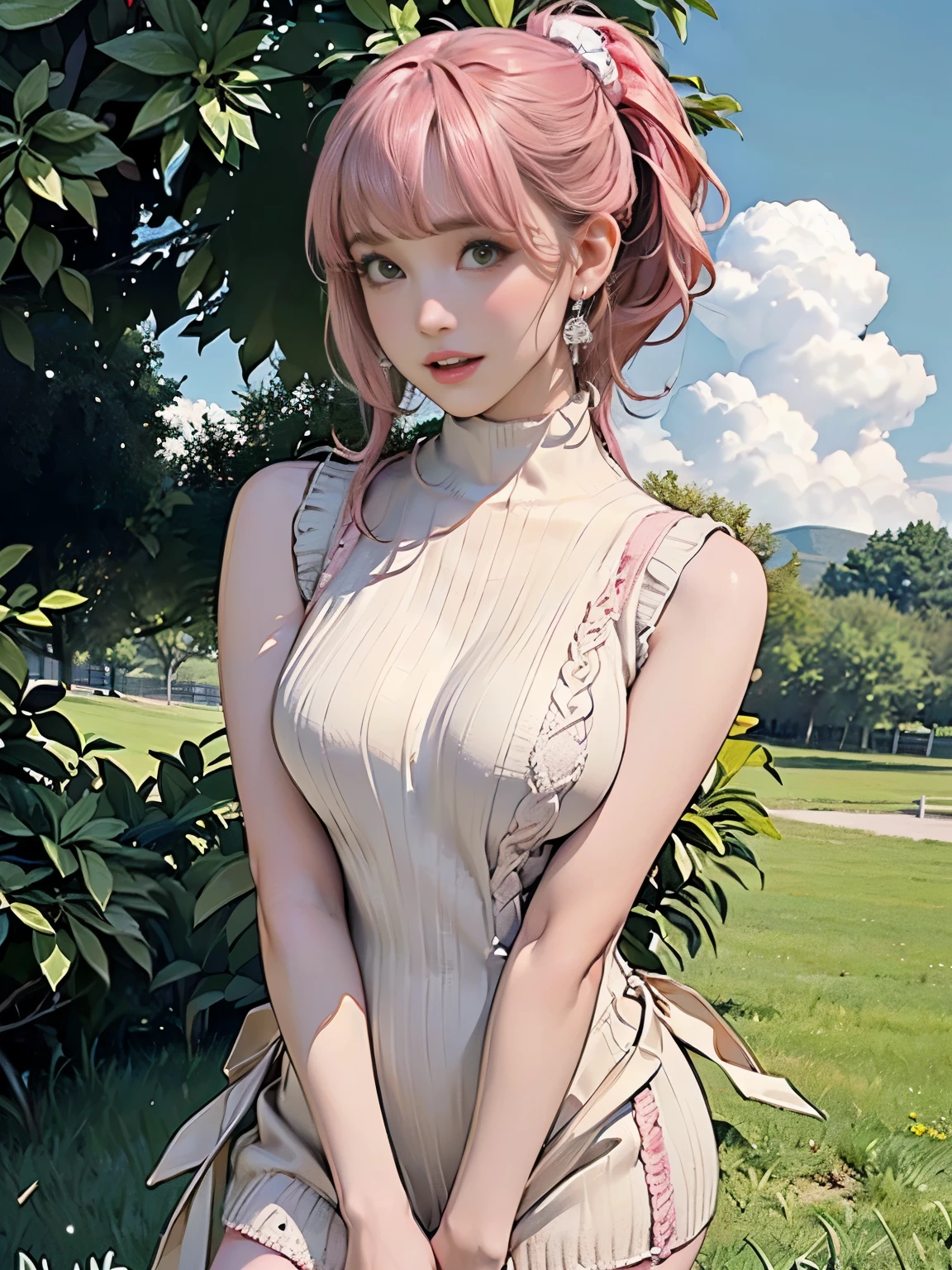 ((((Highest quality))))、(((Ultra-precision CG16K wallpaper)))、(((masterpiece)))、(((Super detailed)))、(((Extreme detail)))、((1Mature 29 year old woman:1.6))、((Very beautiful Japan face of a person))、((Urizane Face:1.8))、((Soft wavy ponytail medium hair、blunt bangs:1.8))、(((Shiny pink hair:1.4)))、A delicately drawn beautiful face、Dark Eyes、double eyelid、High nose、Small nostrils、Small Mouth、Seductive lips、Beautiful breasts、((C cup size breasts))、Beautiful feet、eight-headed body、Perfect proportions、Perfect Anatomy、Perfect composition、Beautiful detailed shading、Beautiful, natural lighting、Beautiful detail glow、Depth of written boundary、(((High chroma)))、(((Real:1.9)))、((vivid:1.5))、((Beautiful Skin))、((Skin Texture))、((Realな皮膚感))、(((Cowboy Shot:1.6)))、((front view、shoot from front、front low angle:1.6))、(((Half-open mouth、Surprised face:1.3)))、((The woman is looking at this、looking at viewer:1.6))、Bright daylight、Natural light、(((Grass Square、cloud:1.5)))、(Standing pose:1.6)、(((Khaki high neck sleeveless summer knit mini dress:1.8)))、((Scrunchie Ribbon、Wearing earrings:1.5))、((Lace Stockings Clothed:1.5))、
