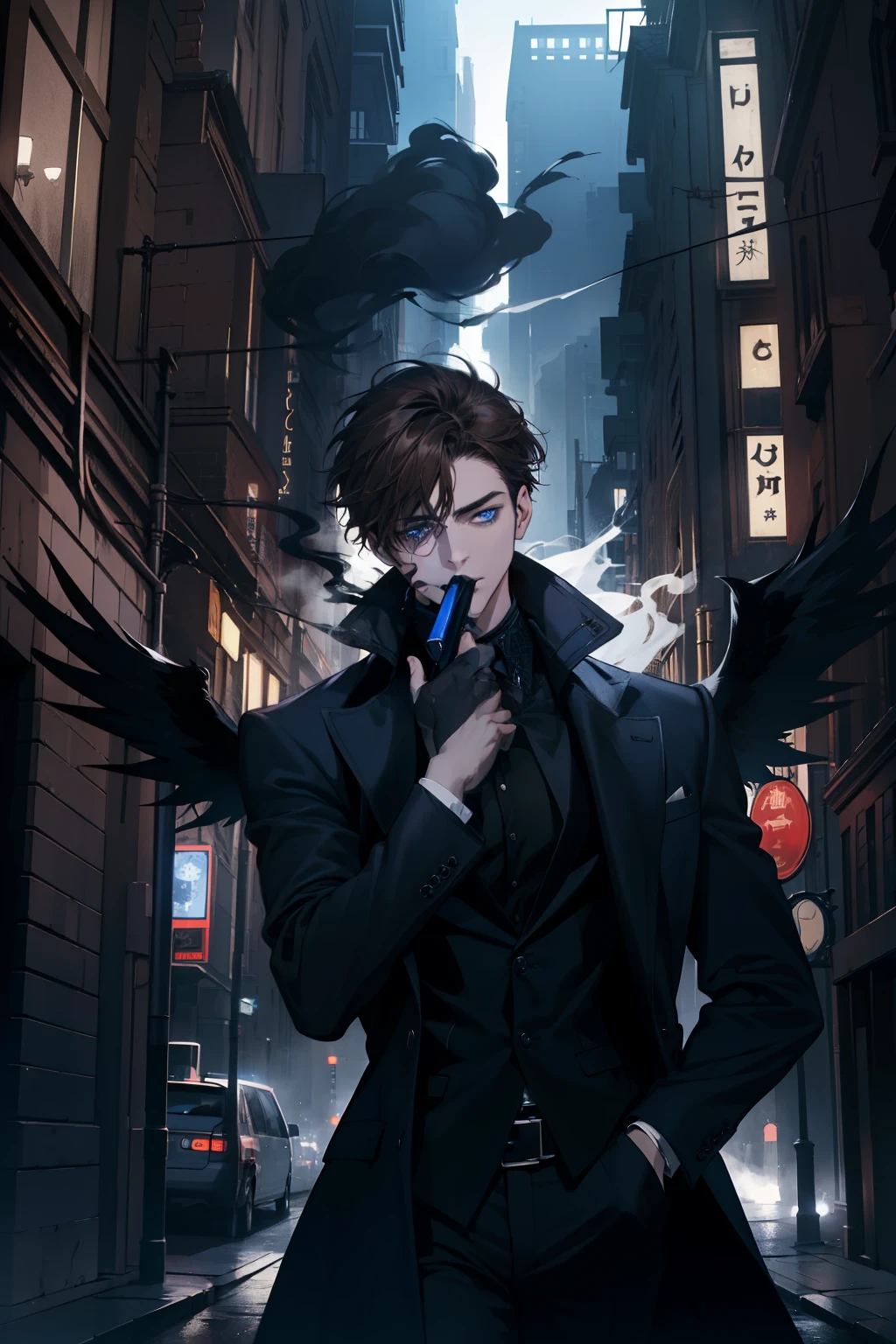 (absurderes, high resolution, ultra detaild)work of art, best qualityer, 1 men,,  Dynamic light and shadow. Brown hair. blue eyes.  Dark photo. black wings. Smoke. Night city. 