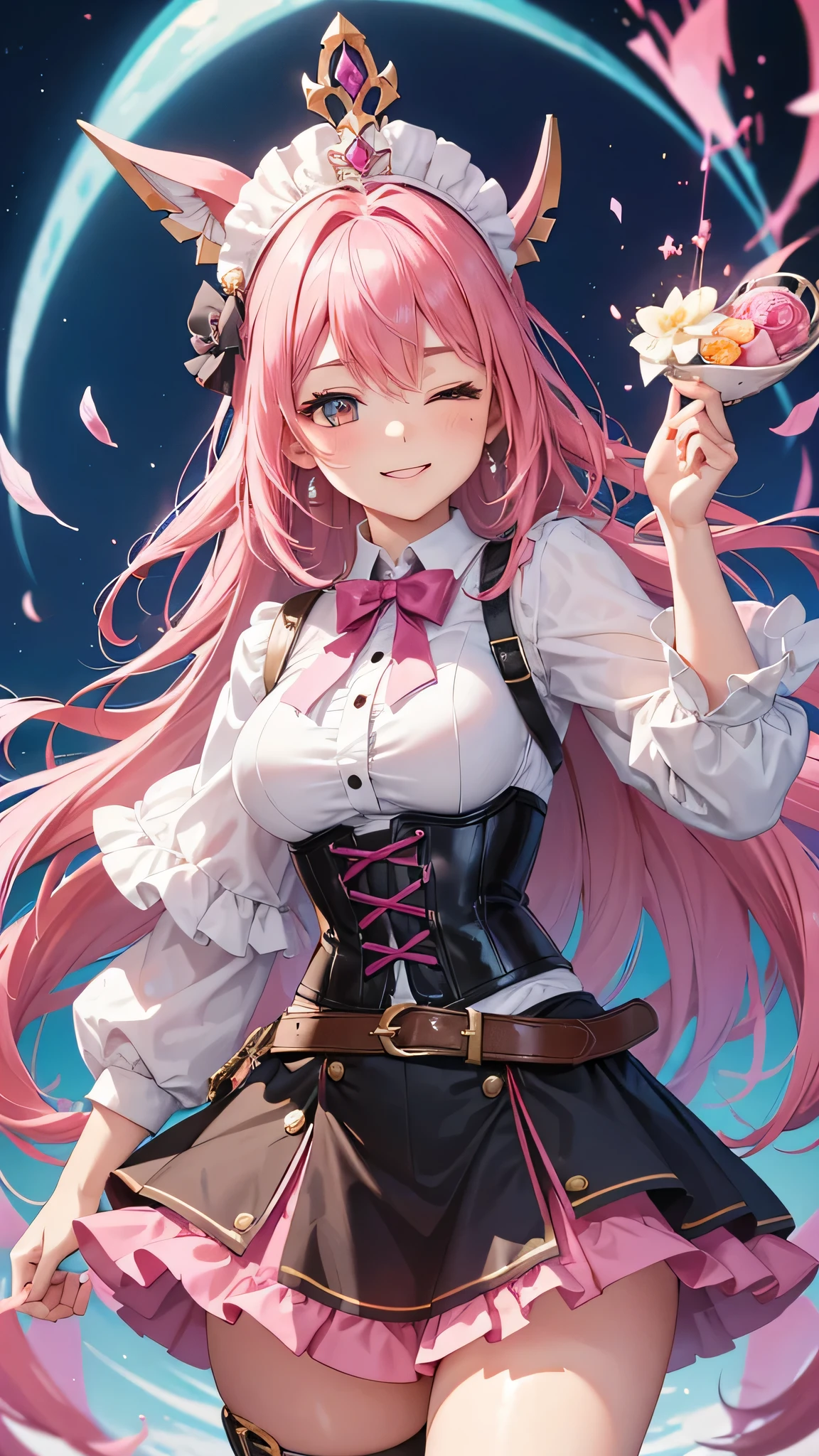 A young 16 year old WOMAN with vibrant pink hair, wearing a low-cut white shirt, with a corset and belt, short black denim mini skirt and thigh high stockings, Brown boots. The woman has one eye closed and an expression of gratitude and happiness on her face, very short and thin clothes, he likes to show his body, empowered girl.