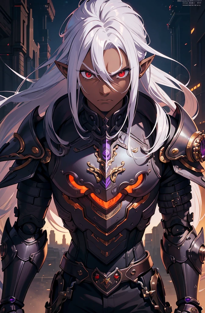 ((best quality)), ((masterpiece)), (detailed), ((boy)), ((mechanical armor)), (steampunk), (serious), dark skinned, human, upper body, portrait, red eyes, long white hair, Xemnas from Kingdom Hearts, half-drow, pointy ears, serious face, dramatic lighting, purple hue, art by Kinema Citrus