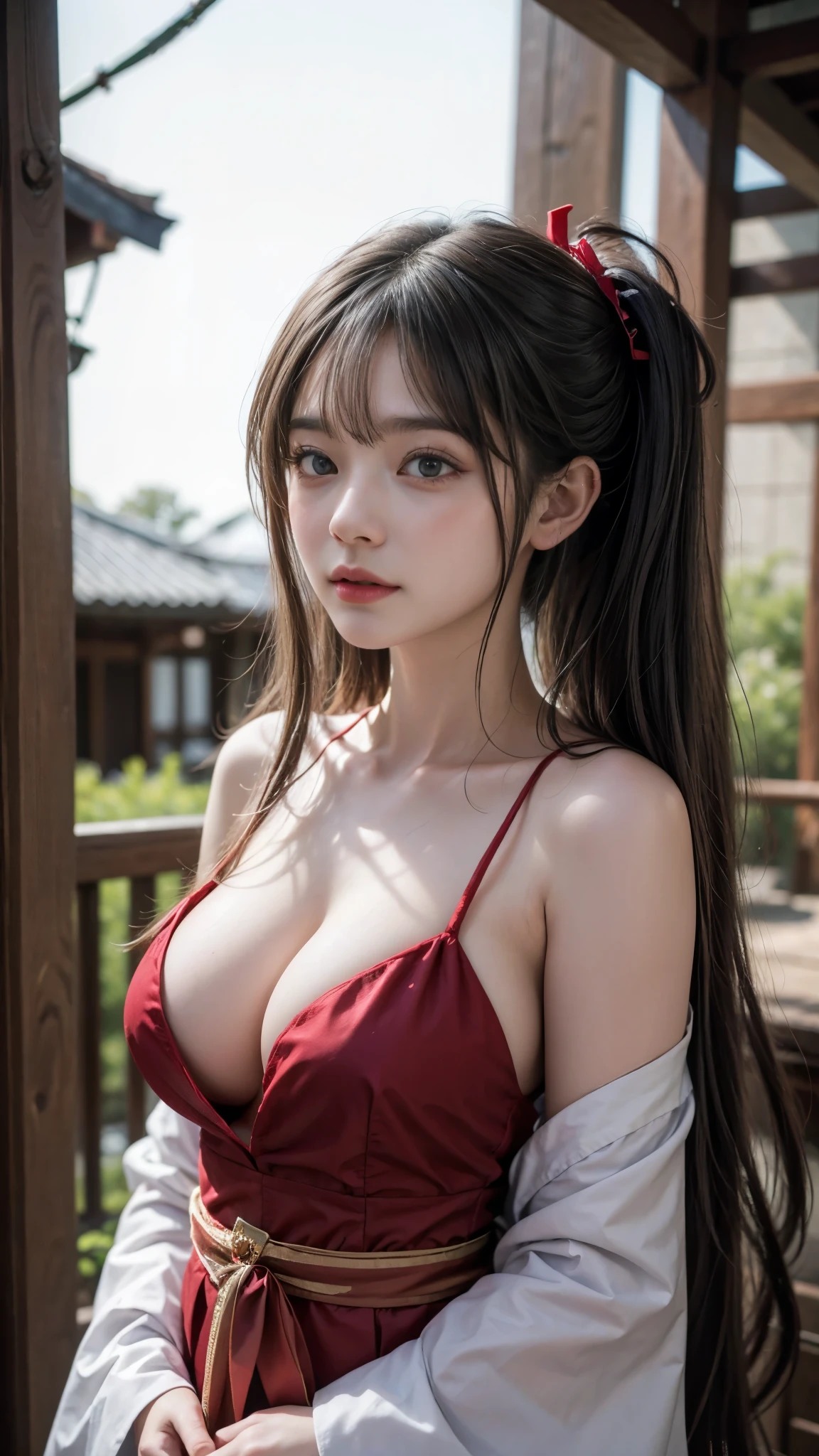 Beautiful girl in shrine maiden outfit, Outstanding Style, Beautiful breasts, Fascinating Cleavage, Ultra-detailed, Professional photography techniques, Cinema Lighting, Highest quality, masterpiece, 8K, RAW Photos