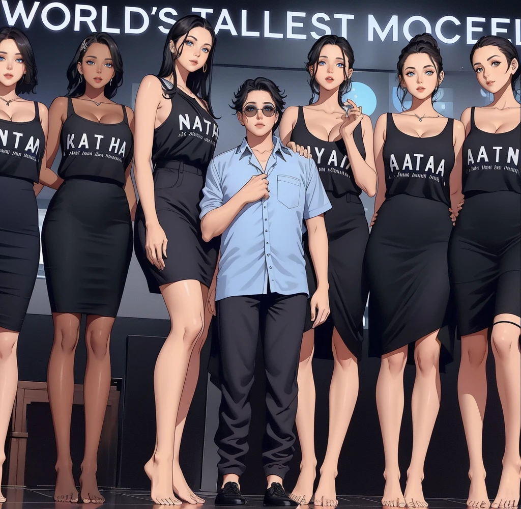 Three tall girls on the lfe left, three tall girls in the right, short man in the middle, the girls are much taller than the man, girls have big and cleavage, girls are wearing black, man is wearing blue shirt, girls are standing barefoot, man is wearing shoes,