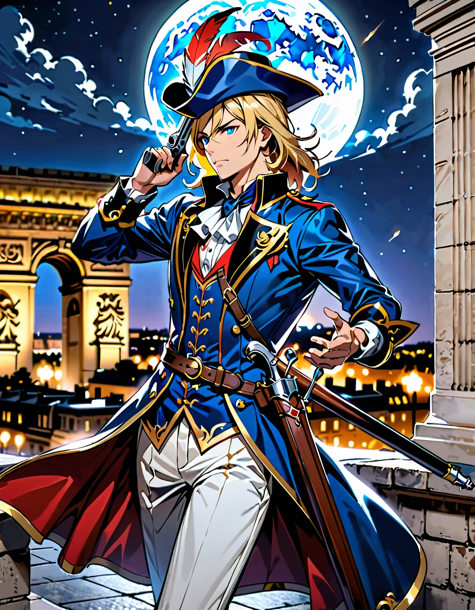(masterpiece), (best quality), (hires), 1man, solo, solo focus, male focus, dynamic action pose, handsome french male, musketeer, gentleman, holding weapon, cybernetic limbs, holding gun, holding and aiming a flintlock pistol with one hand, muzzle flash, blonde hair, medium hair, hair down, blue eyes, (wearing edgmousquetaire, hat, feather on hat), sheath, looking away, modern paris, night, outdoors, rooftop, ledge, arc de triomphe, full moon