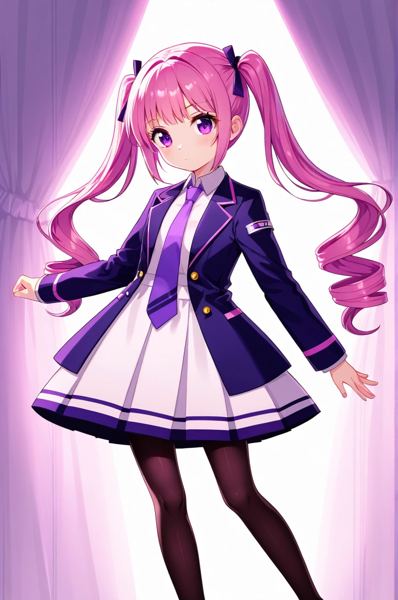 One girl, alone, Little, Drill Hair, Long Hair, tie, pantyhose, Pink Hair, Purple eyes, , Shine, Twin Drill, Twin tails