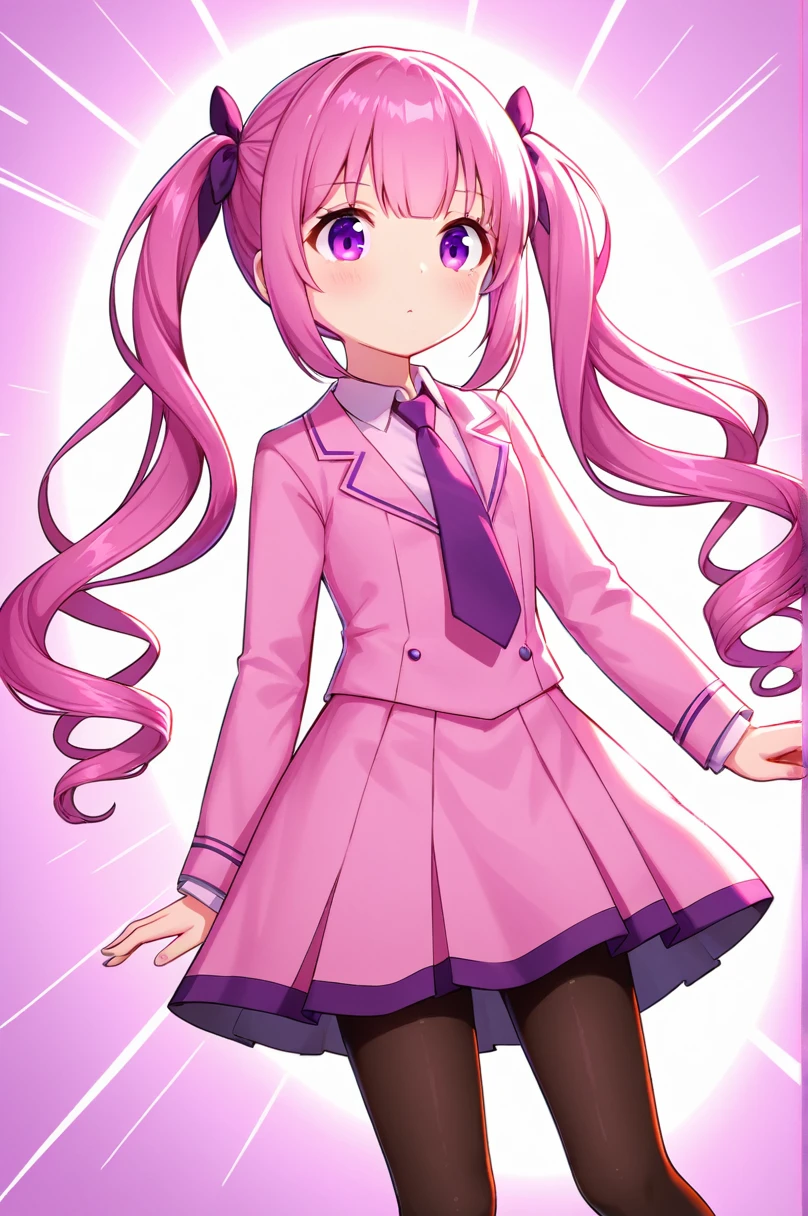 One girl, alone, Little, Drill Hair, Long Hair, tie, pantyhose, Pink Hair, Purple eyes, , Shine, Twin Drill, Twin tails
