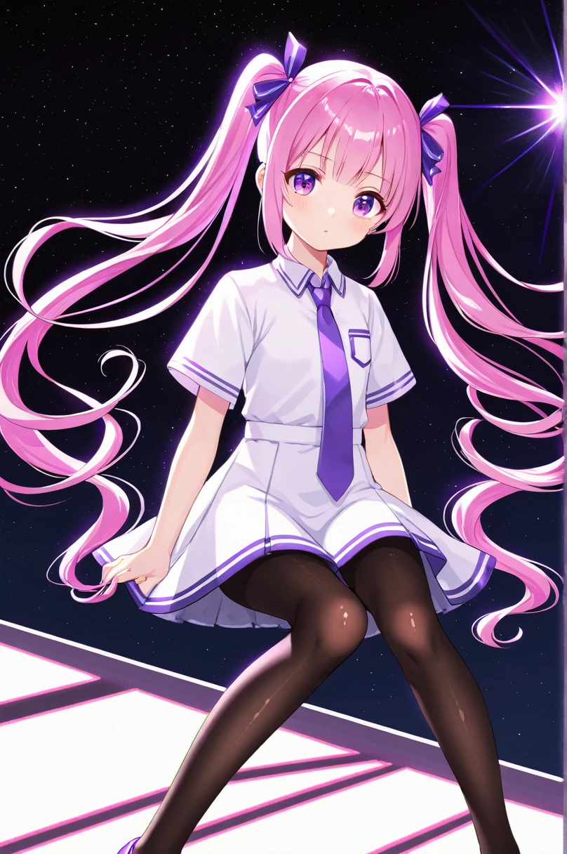 One girl, alone, Little, Drill Hair, Long Hair, tie, pantyhose, Pink Hair, Purple eyes, , Shine, Twin Drill, Twin tails