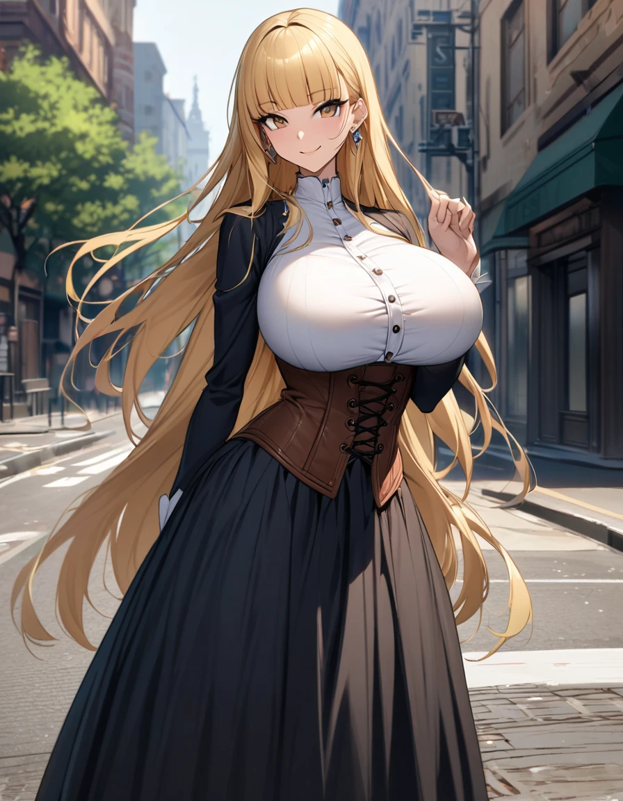 blonde hair color,long hair,hime cut,bangs without,The roots of the hair on both sides are raised,light brown eyes,corset, long skirt,earrings,huge breasts,Whipped thighs,slender,near,street background,SFW,perfect,high quality,faultless,smile