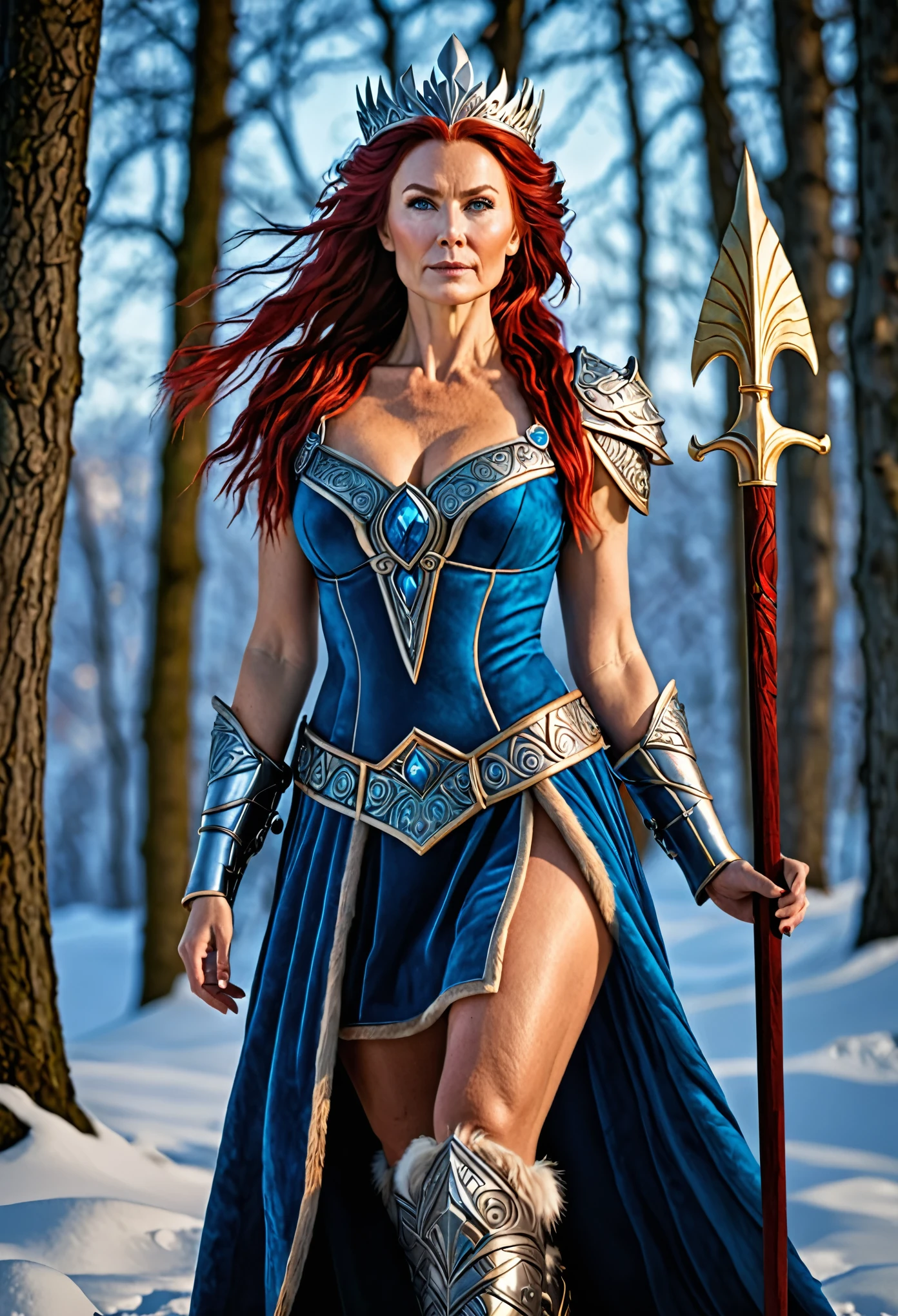 Full body Portrait of the Great Nordic Queen, a very gorgeous woman, 50 years old, thick healthy body, erotic warrior costumes, dark red styled fluffy hair, natural Blue eyes, a nose with a bump, an elongated chin, dressed in ancient national,
8k resolution, dynamic lighting hyperdetailed intricately detailed Splash art trending on Artstation triadic colors Unreal Engine 5 volumetric lighting, oil painting, heavy strokes