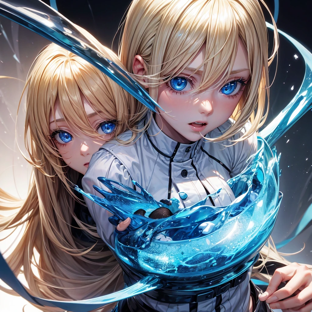 Make a blonde woman with blue eyes scare in