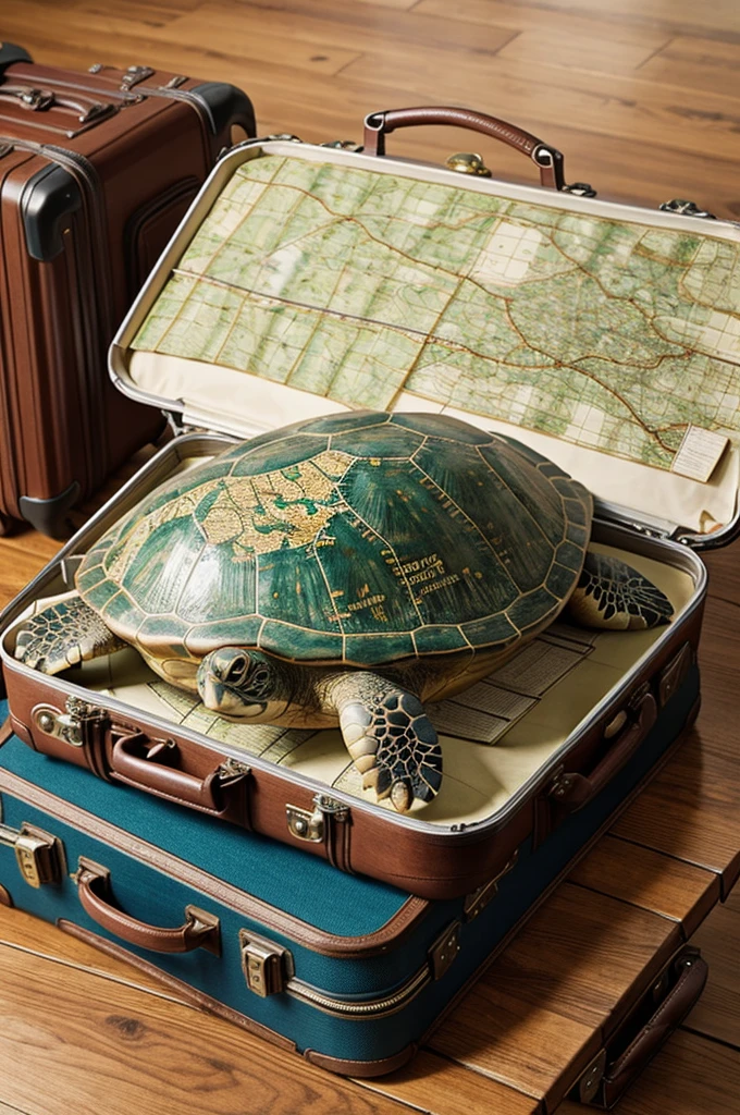 A big turtle with a map and a suitcase with it as if ready to travel the world 
