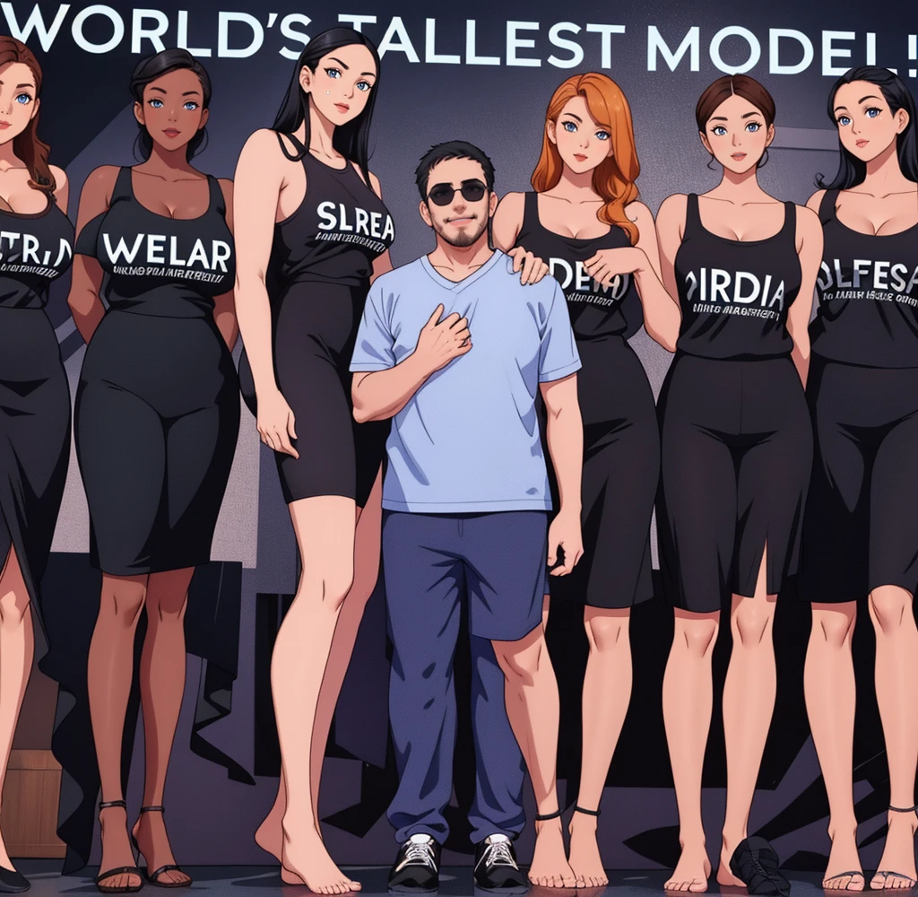 Three tall girls on the lfe left, three tall girls in the right, short man in the middle, the girls are much taller than the man, girls have big and cleavage, girls are wearing black, man is wearing blue shirt, girls are standing barefoot, man is wearing shoes,