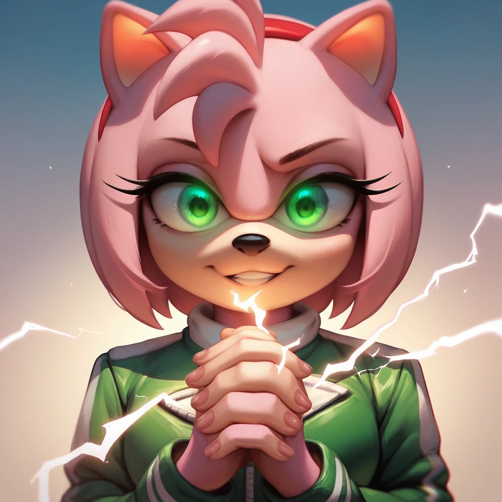 score_9, score_8_up, score_7_up, score_6_up, 1girl, solo, amy rose, meme, IncrsLowTier, electricity, upper body, glowing eyes, green eyes, dripjacket, own hands together