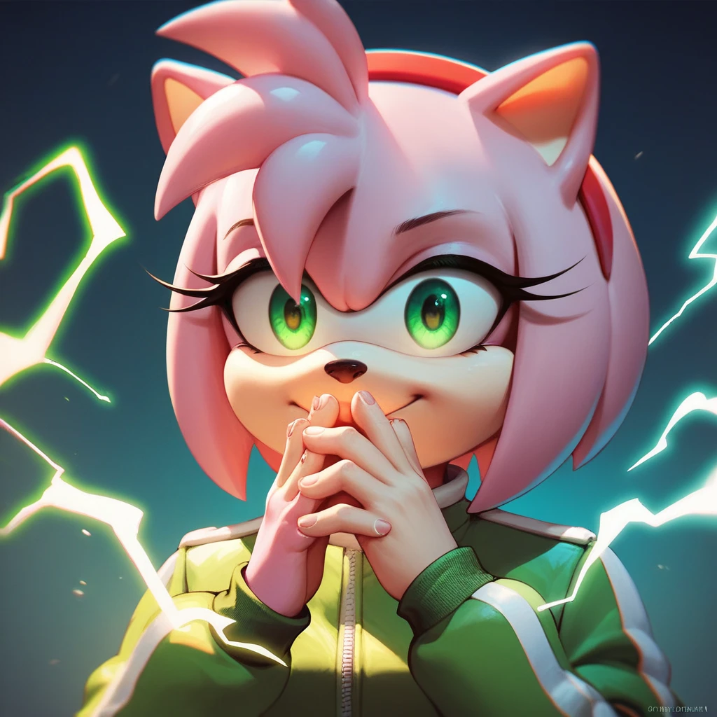 score_9, score_8_up, score_7_up, score_6_up, 1girl, solo, amy rose, meme, IncrsLowTier, electricity, upper body, glowing eyes, green eyes, dripjacket, own hands together