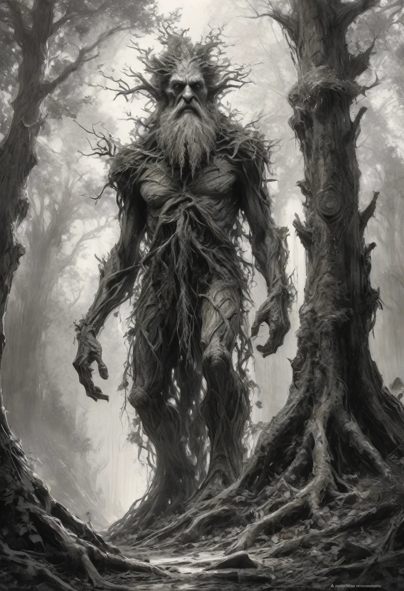 stunning black and white graphite sketch of Treebeard, the anthropamorphic walking talking tree, panaramic shot, from The Lord Of The Rings trilogy, in dynamic pose, by Anna Razumovskay, (by Alyssa Monks:1.1), by Joseph Lorusso, by Lilia Alvarado, beautiful lighting, sharp focus, 8k, high res, (pores:0.1), (sweaty:0.8), Masterpiece, Nikon Z9, Award - winning photograph, --ar 16:9 --style raw --stylize 750 --niji 6, perfect composition, beautiful detailed intricate insanely detailed octane render trending on artstation, 8 k artistic photography, photorealistic concept art, soft natural volumetric cinematic perfect, wide angle view 