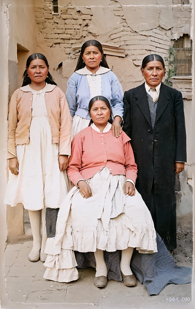 Arafed photo of a family posing for a photo in front of a brick wall., bolivian cholitas, colored 1 9 0 4 photo, a colored photo, colored photo, colored, restored photo, colored photograph, restored color, Color restoration, award winning colored photo, wearing clothes from the 10s era, colored, Digital restoration