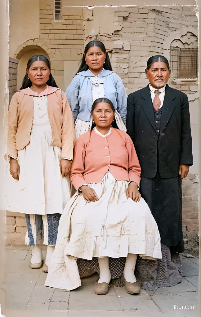 Arafed photo of a family posing for a photo in front of a brick wall., bolivian cholitas, colored 1 9 0 4 photo, a colored photo, colored photo, colored, restored photo, colored photograph, restored color, Color restoration, award winning colored photo, wearing clothes from the 10s era, colored, Digital restoration