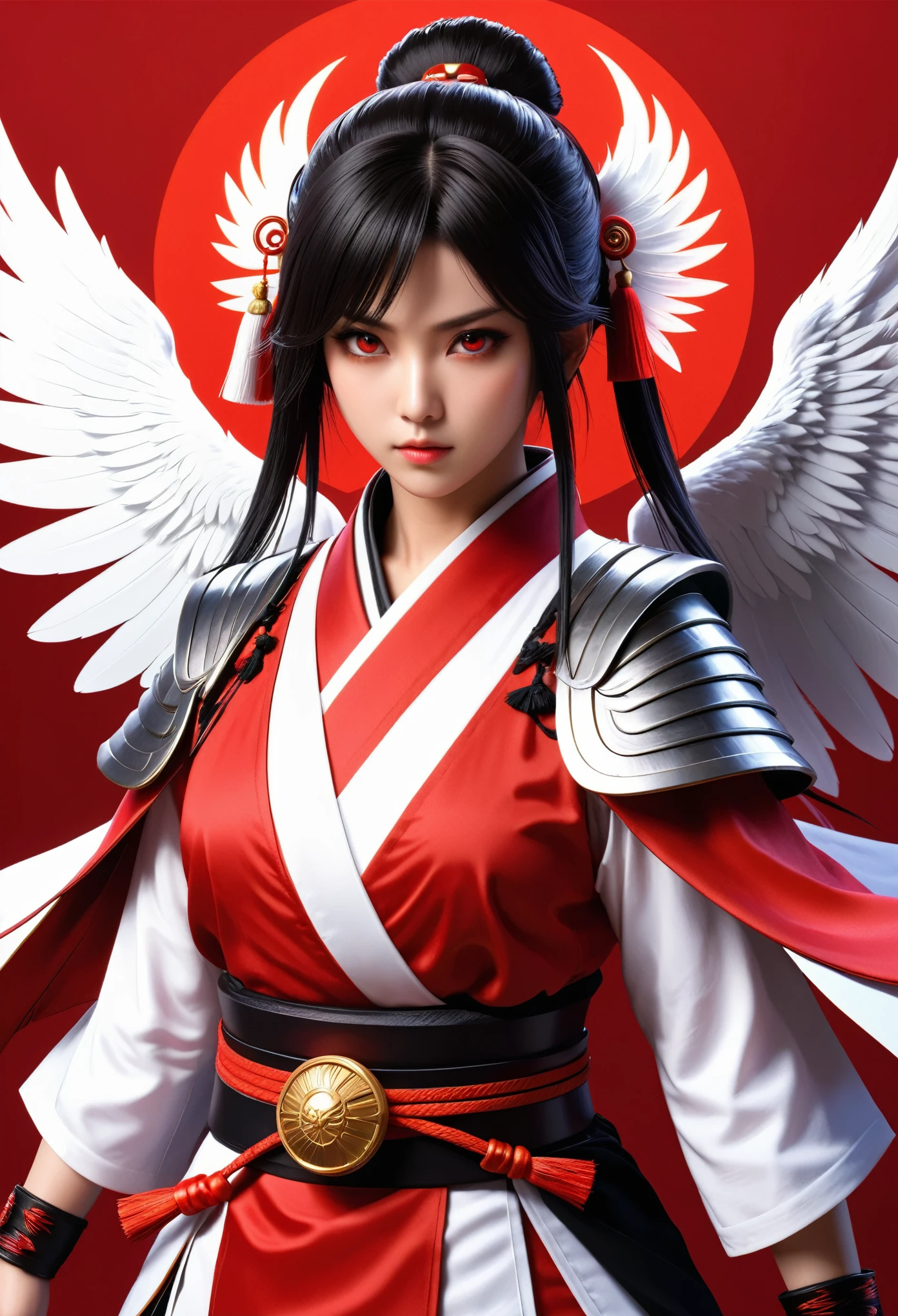 iu, masterpiece, best quality, Extremely detailed, CG Illustrations, high resolution, Better lighting, The best shadow, Extremely refined, Proper shade, HD, 8K, Ray Tracing, Ultra-detailed and clear background, Perfect lighting, Anime style, Inspired by games《Magic King of Fighters》: Ruby House (Tengu, Winged Mountain God, Provocation, Red and White), strength, Samurai Punk, Solitary, 1 female, Black Hair, Red Eyes,  aldult, Belt tassels,