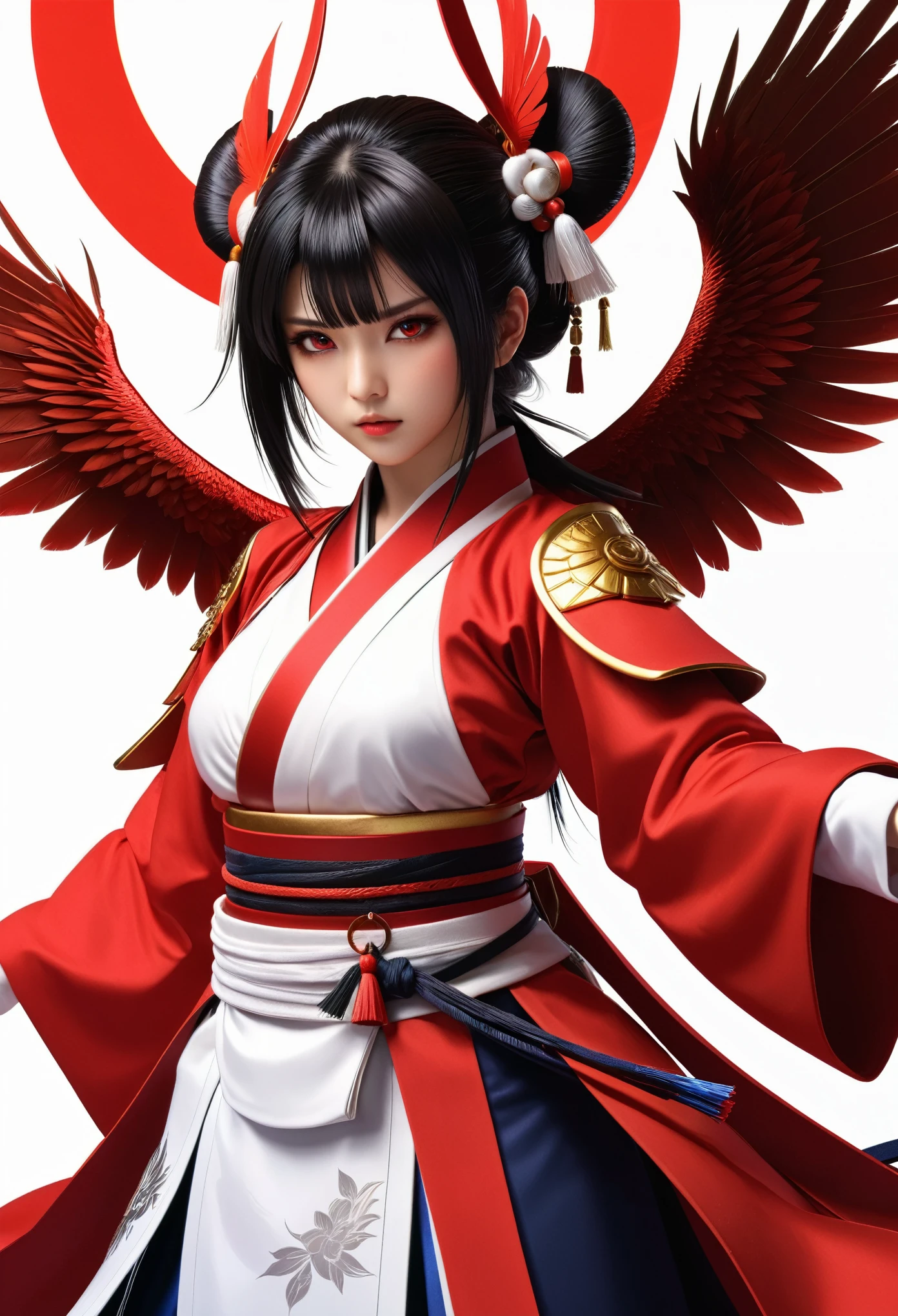 iu, masterpiece, best quality, Extremely detailed, CG Illustrations, high resolution, Better lighting, The best shadow, Extremely refined, Proper shade, HD, 8K, Ray Tracing, Ultra-detailed and clear background, Perfect lighting, Anime style, Inspired by games《Magic King of Fighters》: Ruby House (Tengu, Winged Mountain God, Provocation, Red and White), strength, Samurai Punk, Solitary, 1 female, Black Hair, Red Eyes,  aldult, Belt tassels,