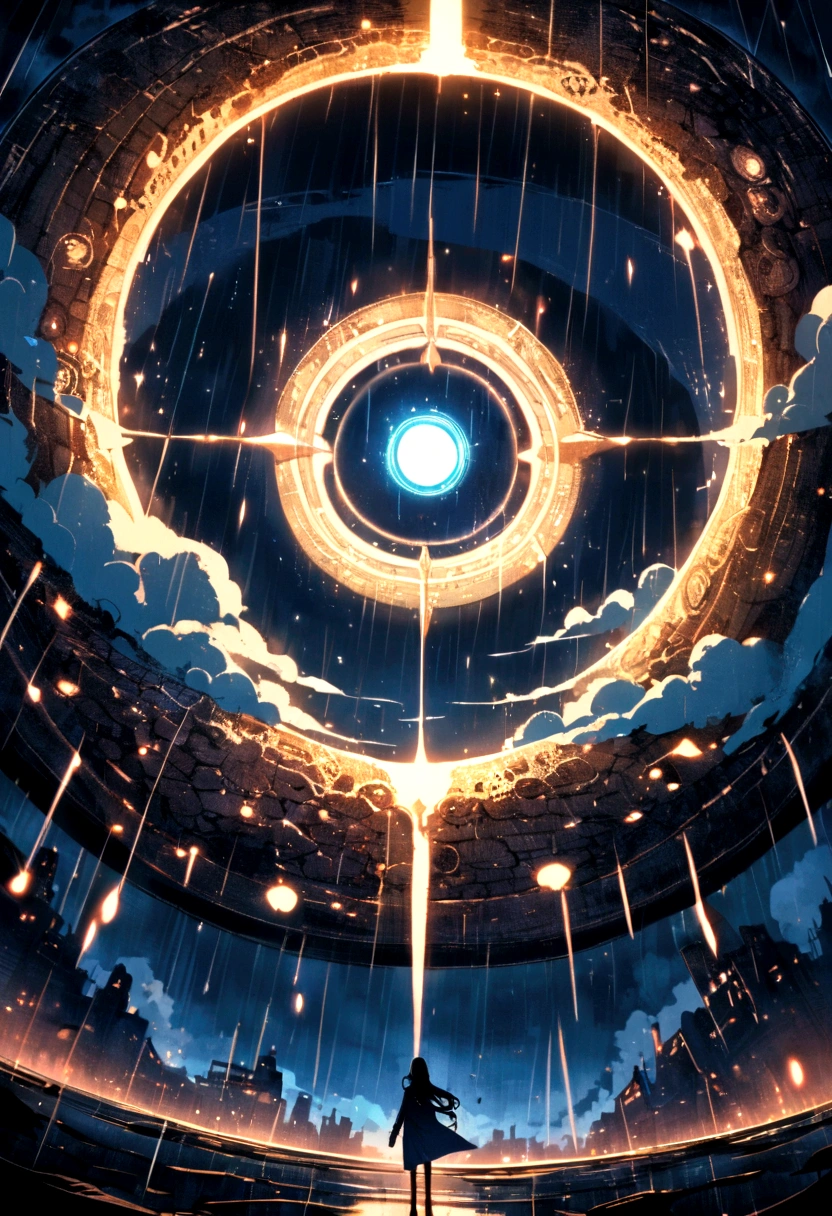 a vast sky, At night, Raining, where there is a portal and has a letter in front of the portal.