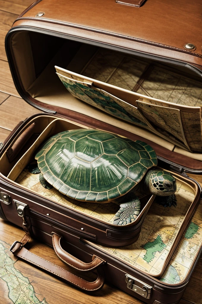 A turtle with a map and a suitcase