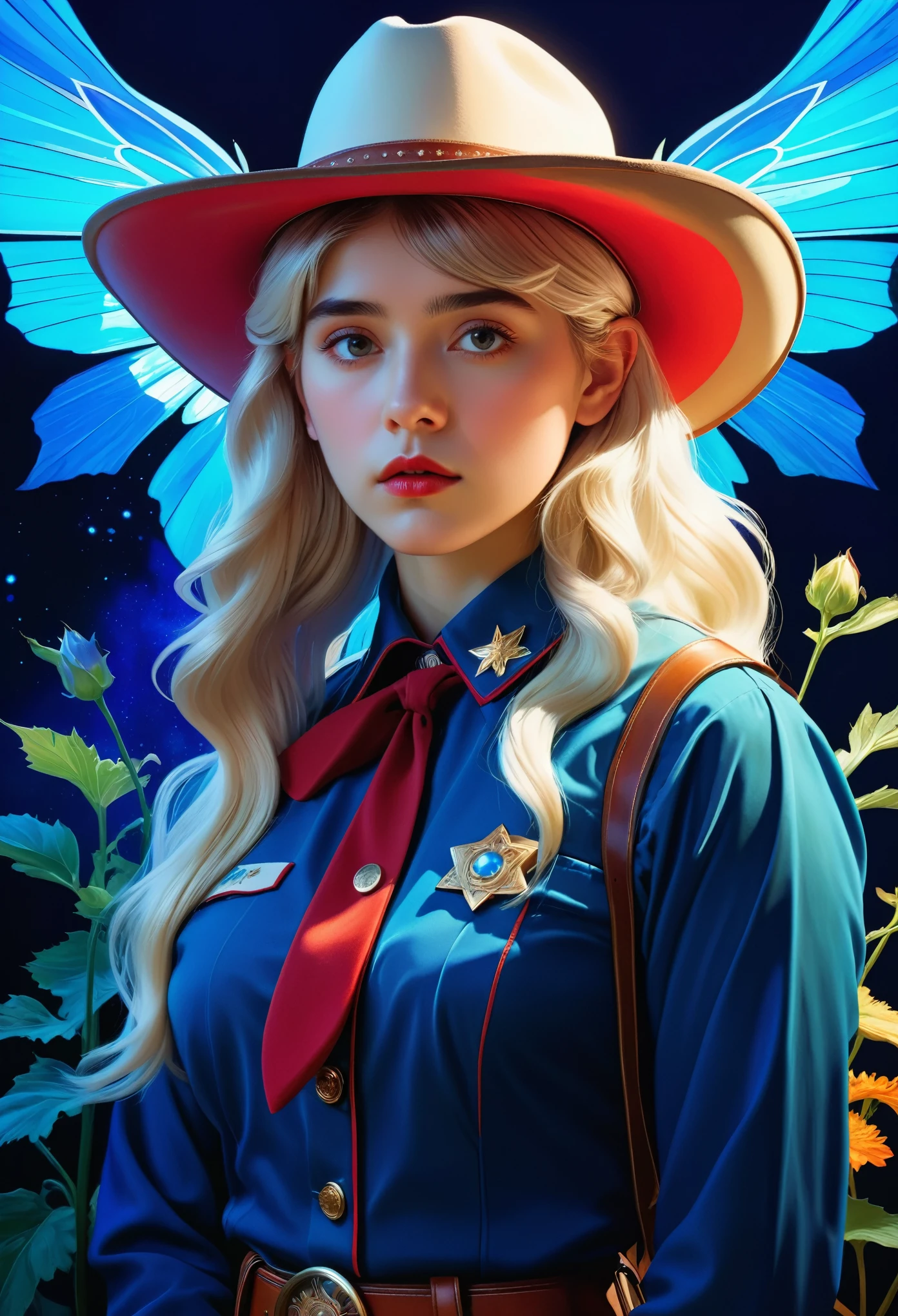 iu, Surrealist Portraits of Women by David Hockney and Alphonse Mucha,Fantasy Art, Photo-realistic, Dynamic Lighting, Art Station, poster, Volumetric Lighting, Very detailed face, 4K, The award-winning,, 1 Girl, in the darkness, Deep Shadows, Low profile,Cowboy shooting,(Official uniform:1.4) ,Long hair,White hair,