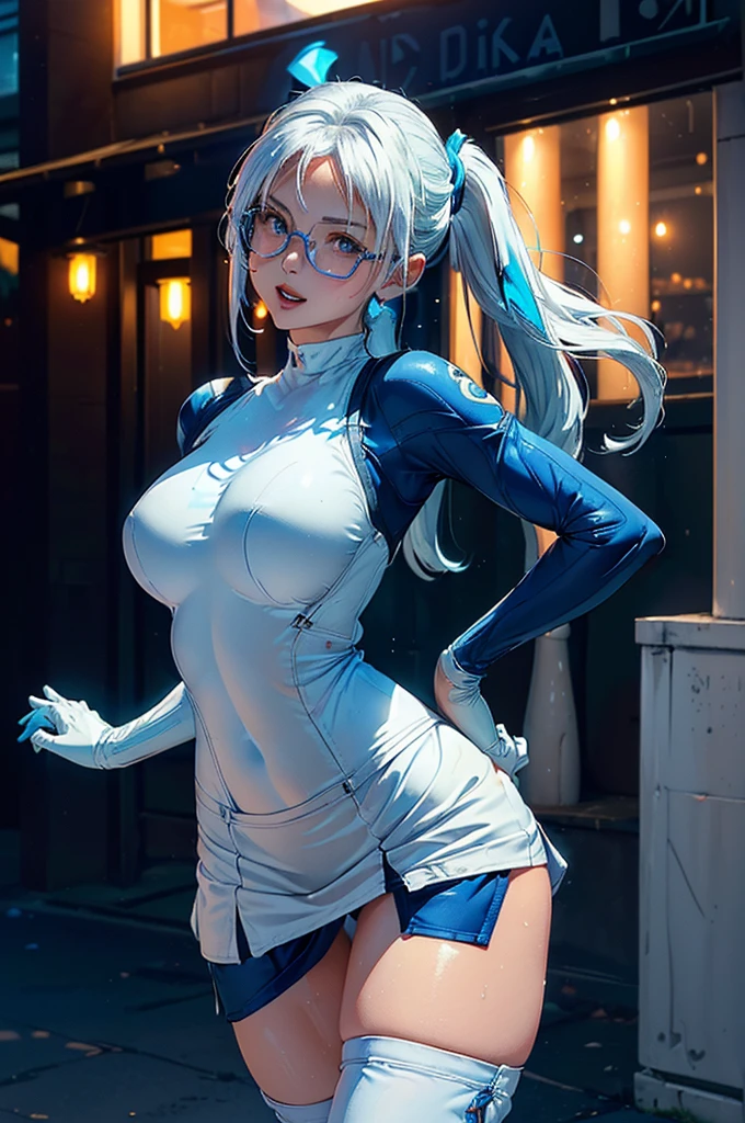 Women,25 years, (((tight bodysuit with white and blue miniskirt))),city,evening,(((tight bodysuit with white and blue miniskirt))),,open mouth smile(())(glasses),((Beautiful long ponytail)), (((tight bodysuit with white and blue miniskirt))) (()),blush、Surprise face,((())),((turn around and look back))wet with sweat