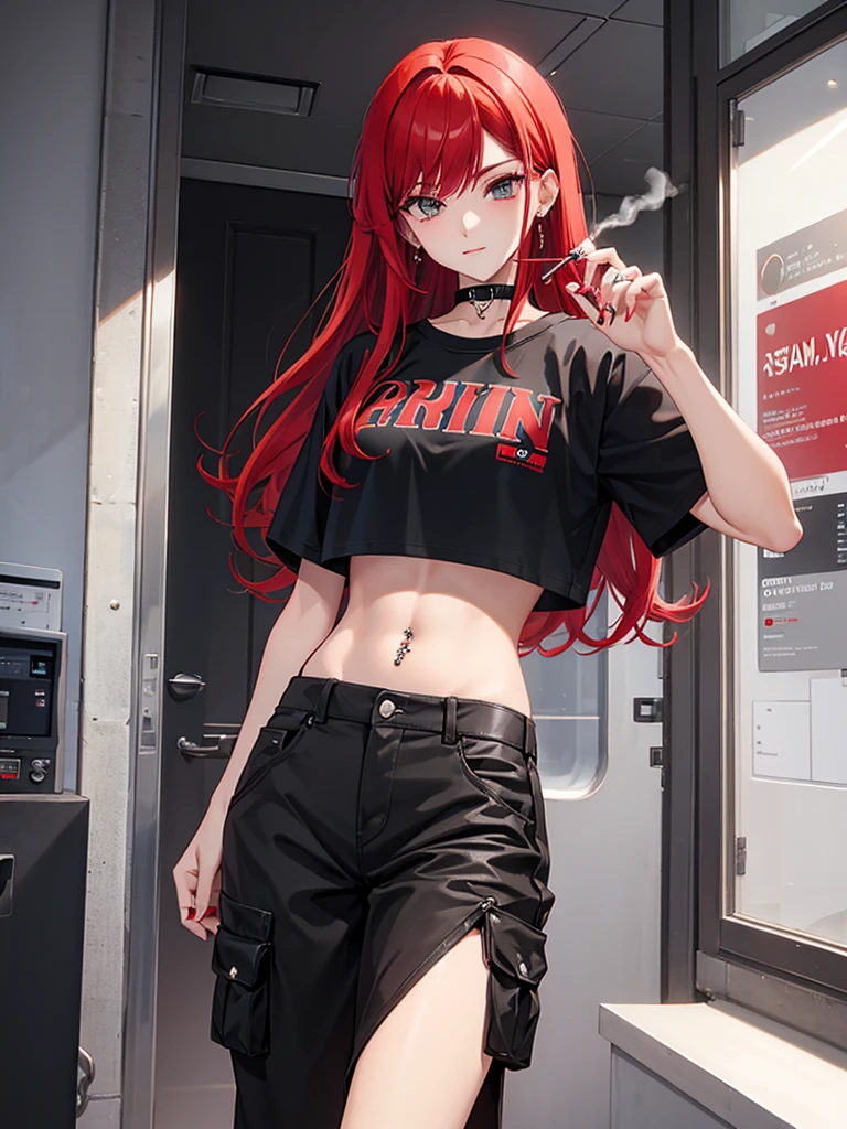 one with red hair, smoking a cigarette, com cropped preto, wide cargo pants, e piercing no septo