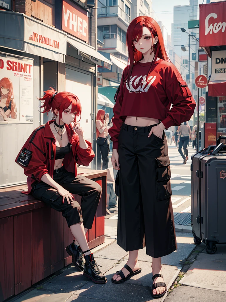 one with red hair, smoking a cigarette, com cropped preto, wide cargo pants, e piercing no septo