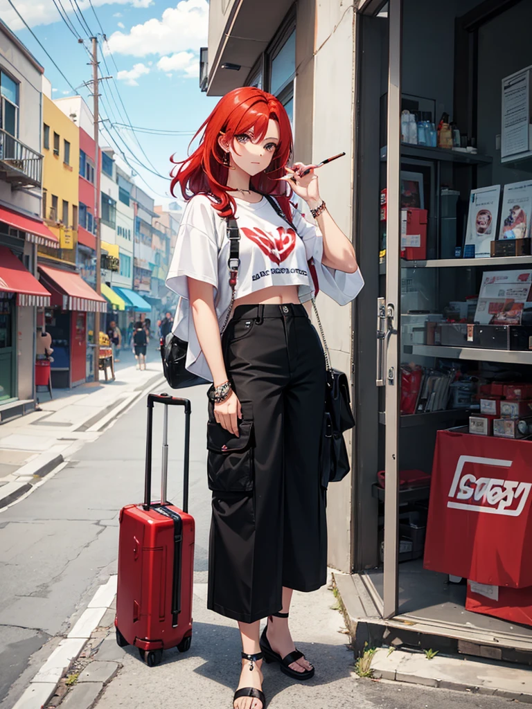one with red hair, smoking a cigarette, com cropped preto, wide cargo pants, e piercing no septo