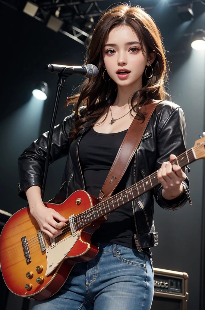 (Masterpiece:1.3, Best quality, Photorealistic, Ultra-detailed, finely detailed, high resolution, 8K wallpaper), 1 beautiful girl, Lead singer of the band group, In a leather jacket, Sing with an electric guitar, standing microphones, Mouth open, Beautiful face, Detailed face, Beautiful eyes, Detailed eyes, Smiling, Earrings, necklace, Detailed guitar, (Straight guitar neck and strings), Medium length light brown hair, be on stage, spotlight, Look at the viewer