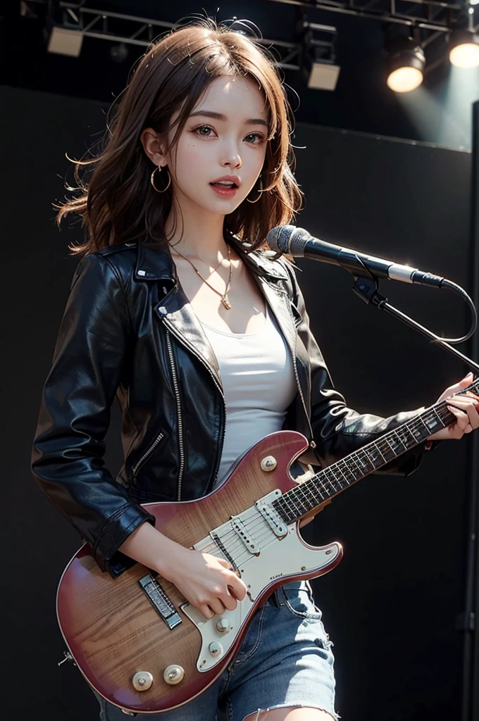 (Masterpiece:1.3, Best quality, Photorealistic, Ultra-detailed, finely detailed, high resolution, 8K wallpaper), 1 beautiful girl, Lead singer of the band group, In a leather jacket, Sing with an electric guitar, standing microphones, Mouth open, Beautiful face, Detailed face, Beautiful eyes, Detailed eyes, Smiling, Earrings, necklace, Detailed guitar, (Straight guitar neck and strings), Medium length light brown hair, be on stage, spotlight, Look at the viewer