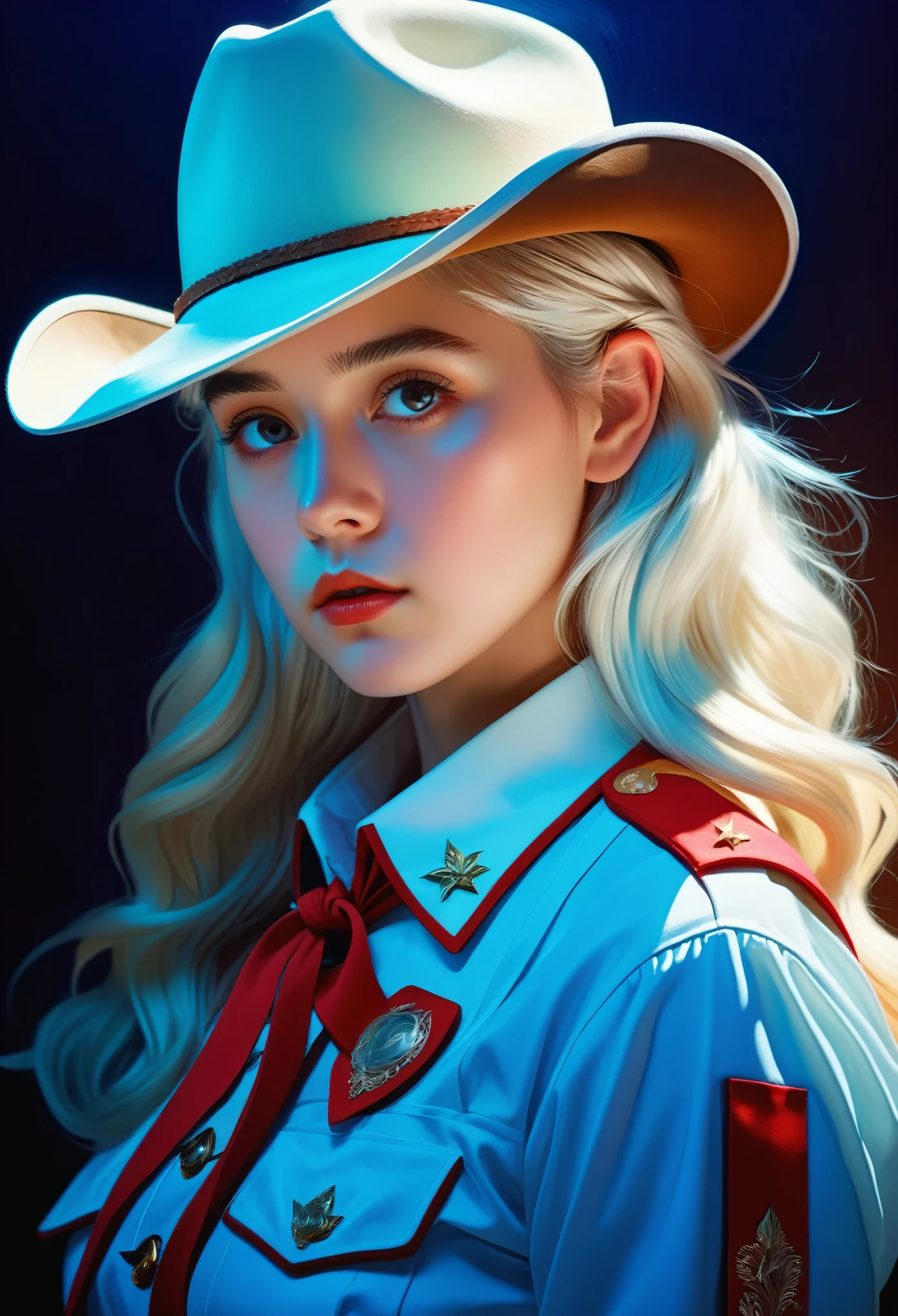 iu, Surrealist Portraits of Women by David Hockney and Alphonse Mucha,Fantasy Art, Photo-realistic, Dynamic Lighting, Art Station, poster, Volumetric Lighting, Very detailed face, 4K, The award-winning,, 1 Girl, in the darkness, Deep Shadows, Low profile,Cowboy shooting,(Official uniform:1.4) ,Long hair,White hair,